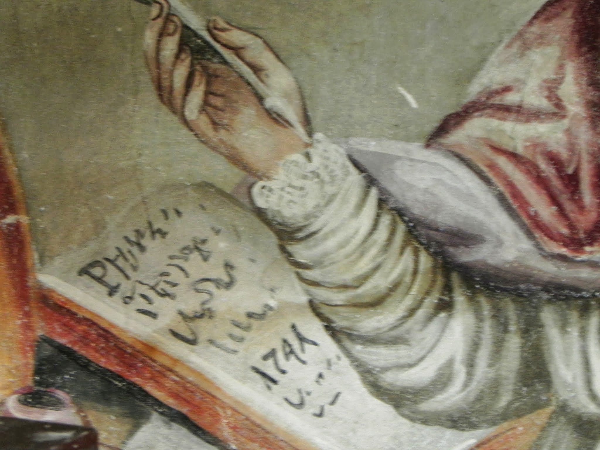 św. Augustyn - fresk w trakcie prac renowacyjnych (po oczyszczeniu). W księdze data konsekracji kościoła